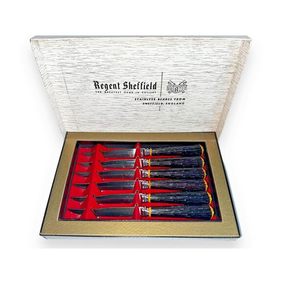 Regent Sheffield Stainless Steel Steak Forever Sharp Knives Faux Bone Boxed - Picture 5 of 16